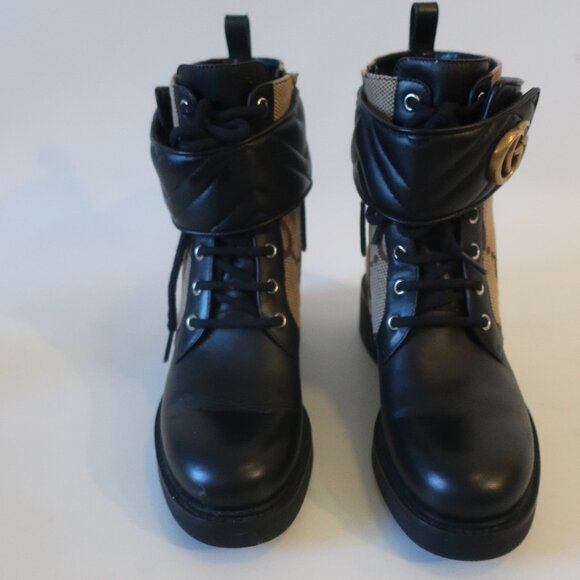 Womens Gucci Flores Ebony Mocha Guccissima Canvas Leather Moto Booties 3… - Picture 5 of 16